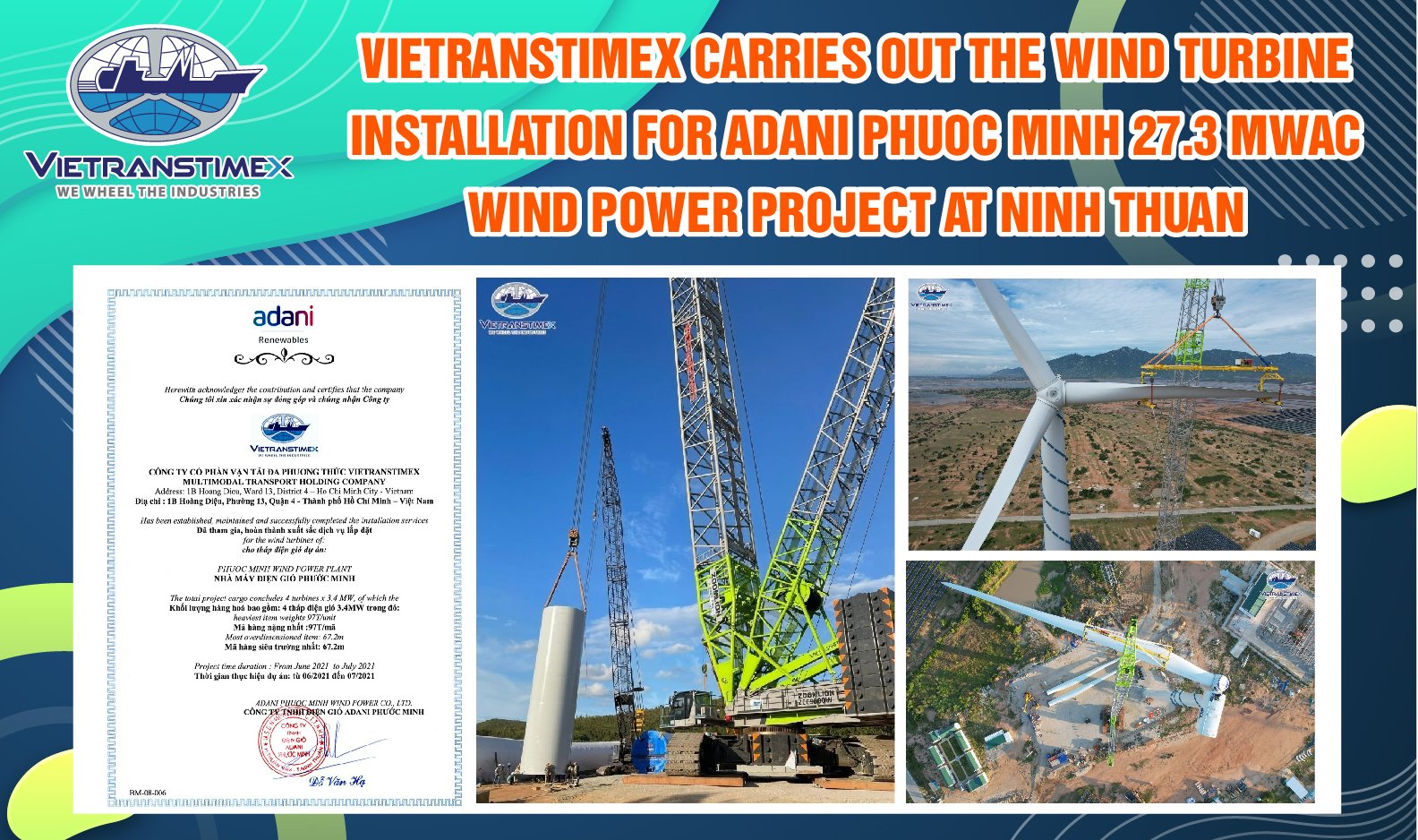 Vietranstimex Carries Out The Wind Turbine Installation For Adani Phuoc Minh Wind Power Project At Ninh Thuan